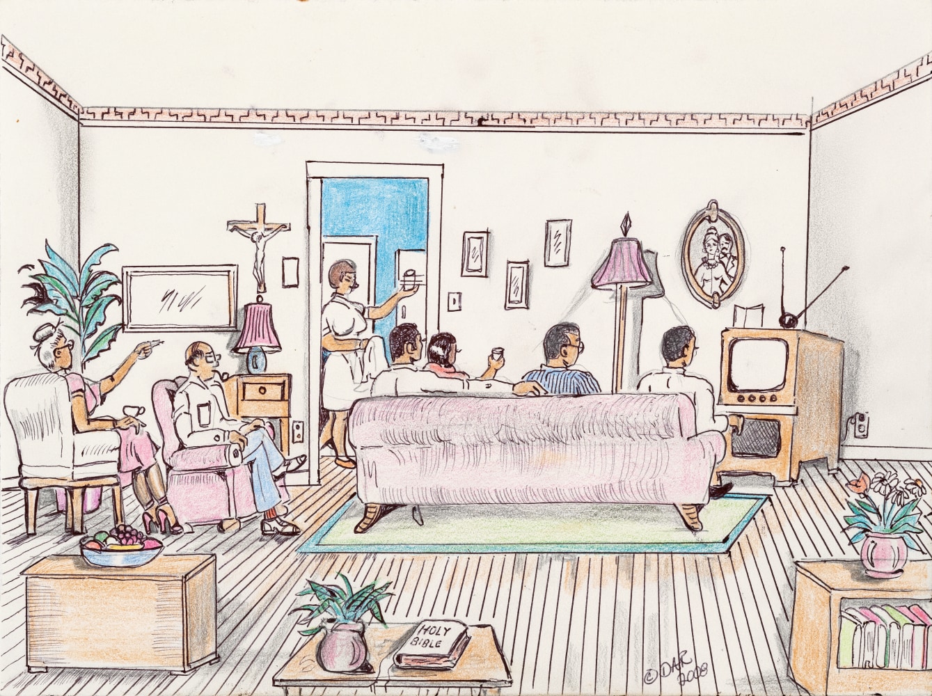 An ink graphite and colored pencil drawing on paper that displays a family gathered around watching television inside of a home.