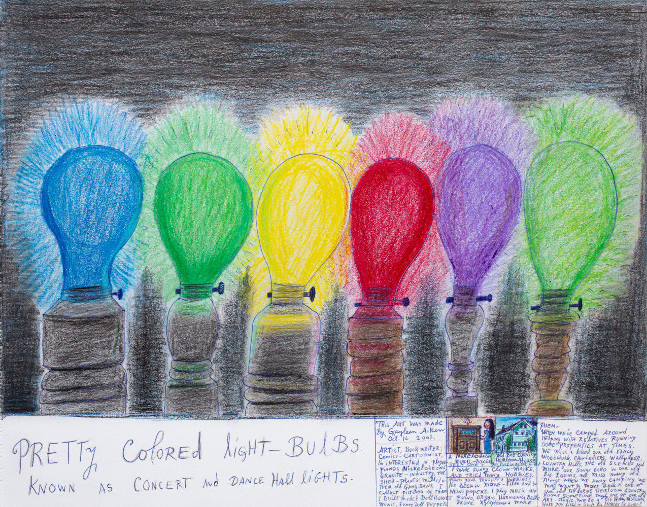 Pretty colored light-bulbs. Known As Concert And Dance Hall lights, 2001
Colored pencil, ballpoint pen, and crayon on paper
11 x 14 inches