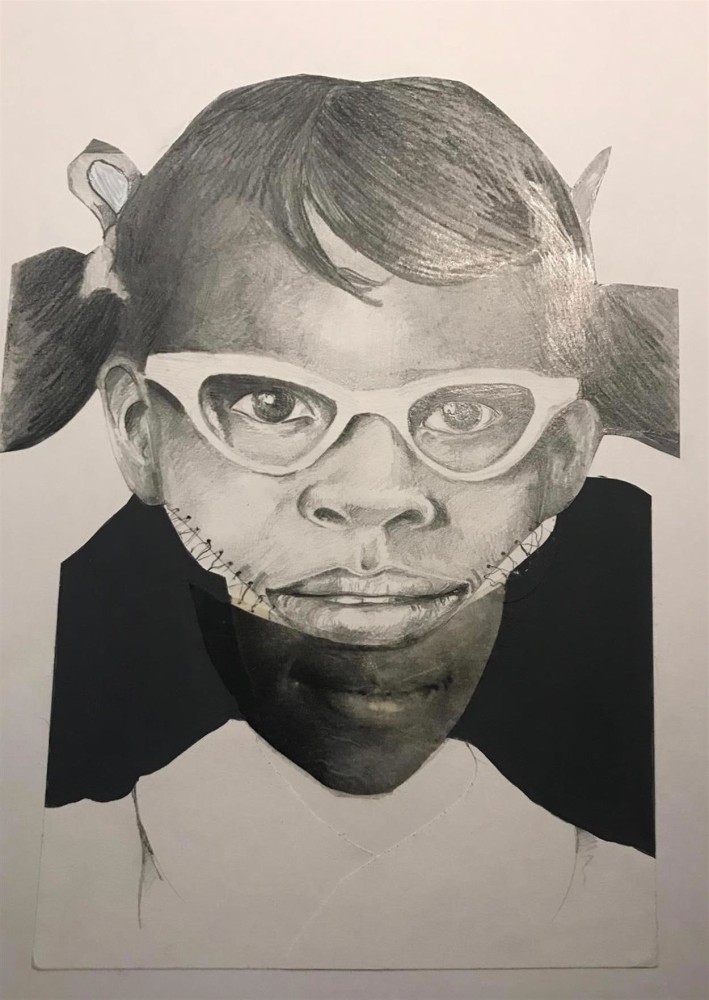 Deborah Roberts
Miseducation of Mimi, 2014
Collage, mixed media on paper
17 x 14 inches
