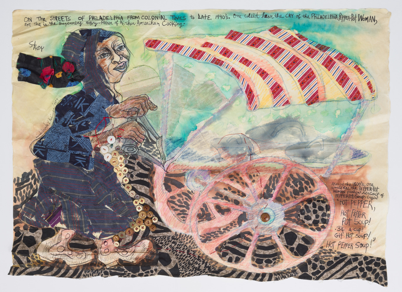 Aminah Brenda Lynn Robinson
Philadelphia Pepper Pot Woman
1989
25 x 34 in.
Watercolor, pen, ink, buttons, and fabric, on paper