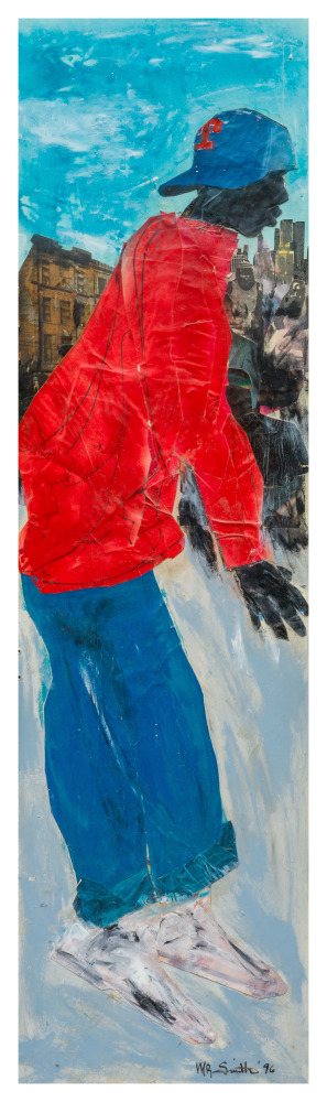 Melvin Smith, Break Dancing in Harold Square, New York City, 1996, Paper collage and paint on matboard, 63.5 x 17.75 in.