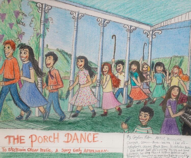 Gayleen Aiken
The Porch Dance, c. 1980
Colored pencil, ballpoint pen, and crayon on paper
14 x 17 inches
