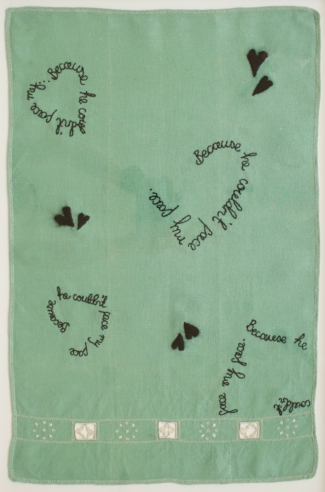 Because He Couldn&amp;rsquo;t Face Me, 2019
Embroidery on vintage linen tea towel
22 x 14.5&amp;nbsp;inches