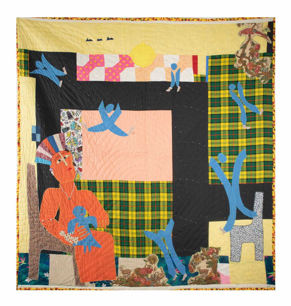 Yellow hued assorted fabric quilt with various figures