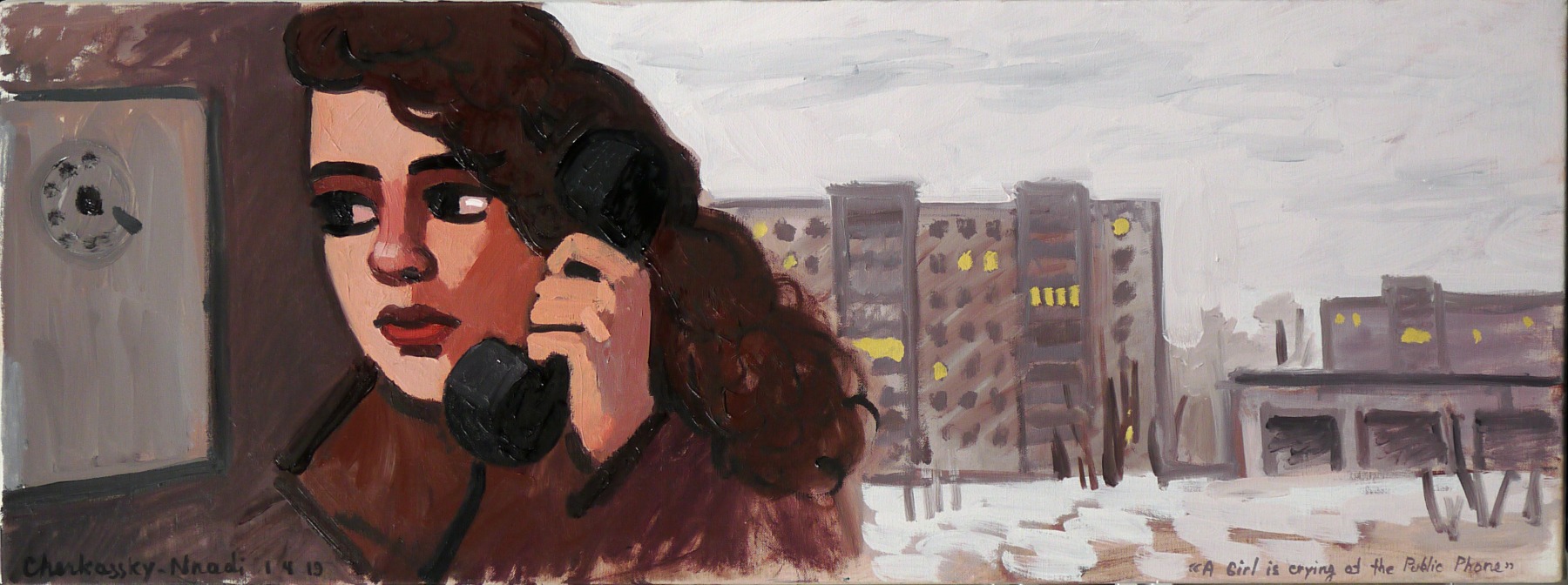 A Girl is Crying at Public Phone, 2019
Oil on linen
12 x 31.5 inches