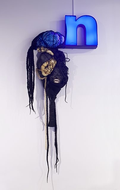 HEAVEN: 7:23am BUS STOP. BEAT FACE. CROWN. SHE IS NOT LOOKING FOR YOU. N=NOT NOW. NOT EVER. = SNAKE IN THE SOUL. &amp;amp; THE BLUES THEN., 2019
Mixed-media assemblage
64.5&amp;nbsp;x 27 x 8.5&amp;nbsp;inches