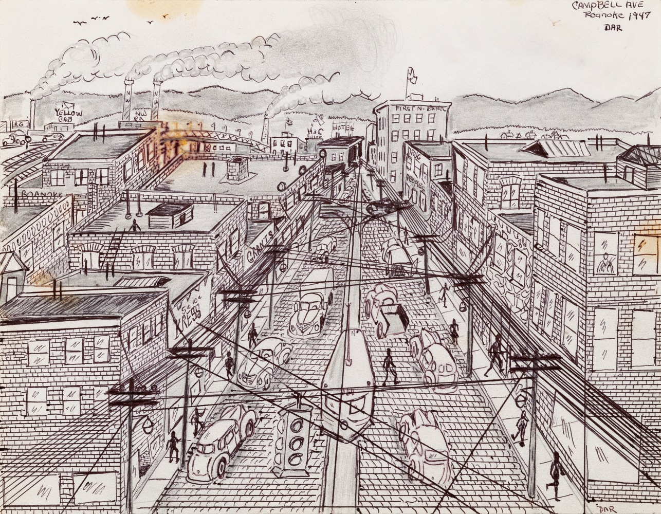 A graphite and pen drawing that displays brick buildings, cars, and people walking from an elevated perspective,