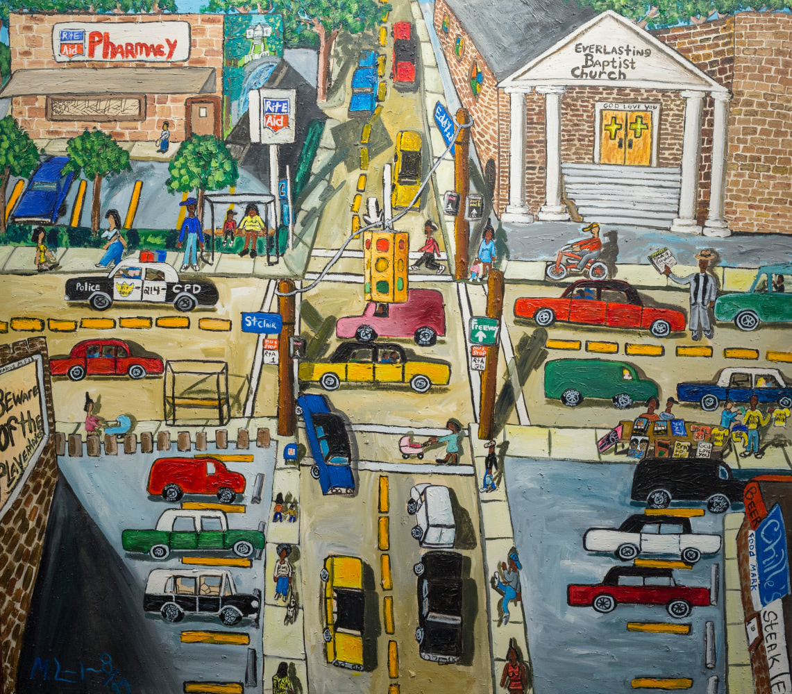 At the Intersection of Eddy Road and St.ClairAvenue, 1997
Acrylic on Textured Canvas
63.5 x 72.5 inches