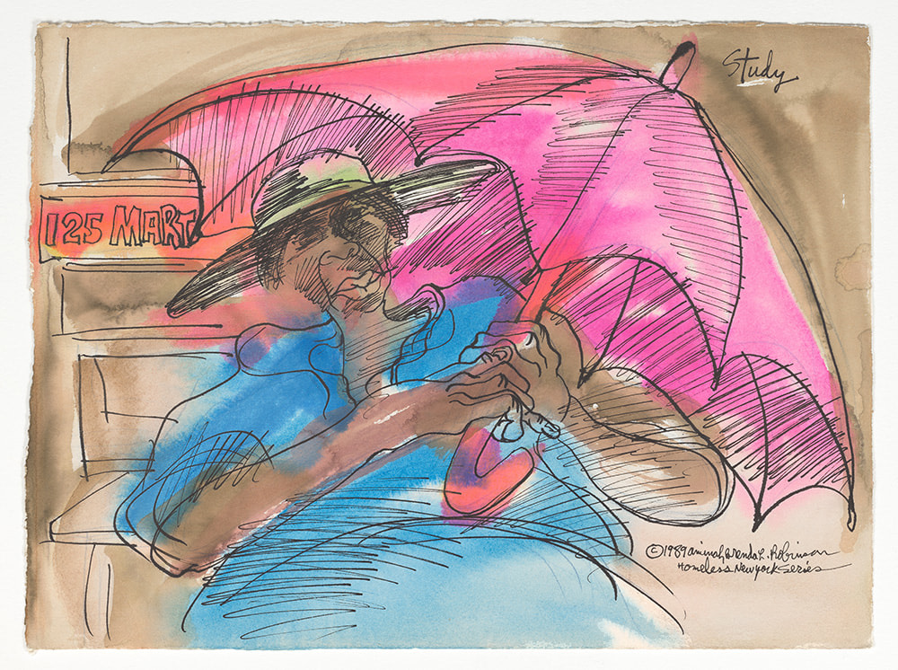 A drawing made out of watercolor, pen, and ink that illustrates a women carrying a vibrant pink umbrella.