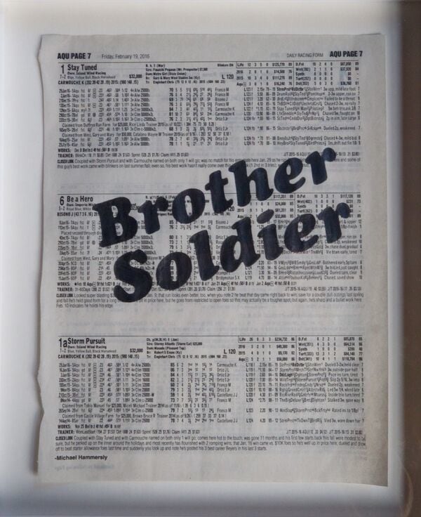 Sadie Barnette
Untitled (Brother Soldier)
Graphite on newsprint racing form
8 x 10 inches
Courtesy of the artist