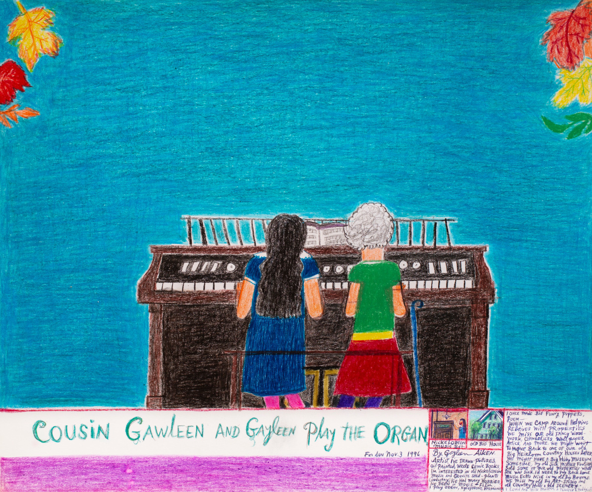 Cousin Gawleen and Gayleen play the Organ, 1996
Colored pencil, ballpoint pen, and crayon on paper
14 x 17 inches