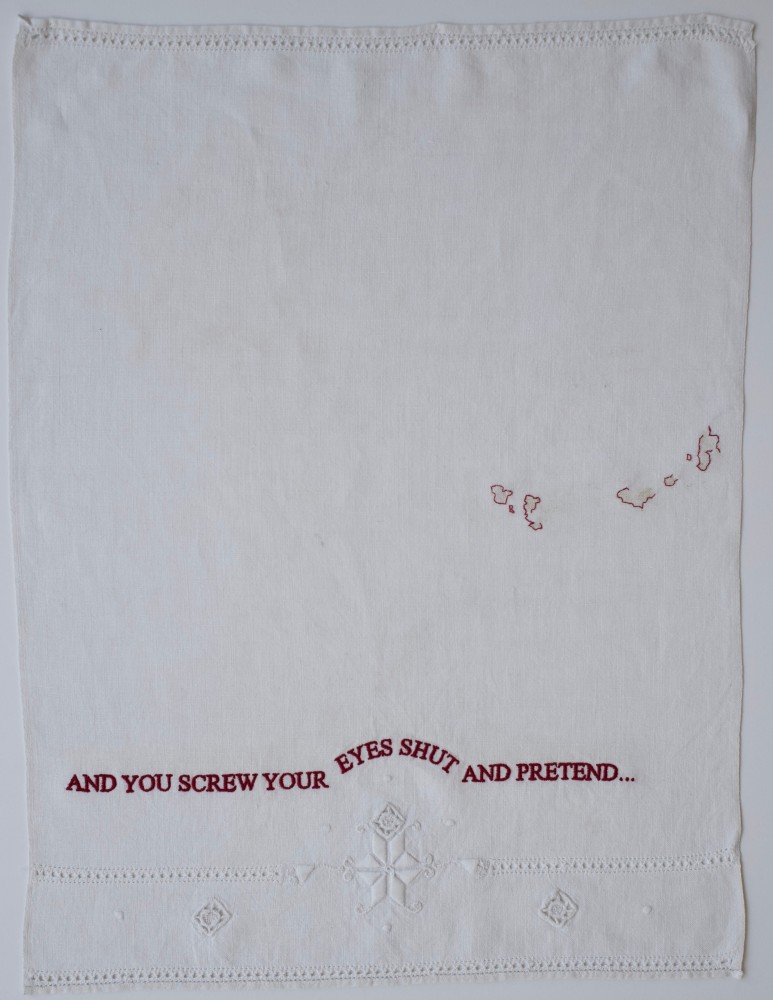 Eyes Shut, 2019
Embroidery on vintage linen tea towel
20.5&amp;nbsp;x 15.5&amp;nbsp;inches
