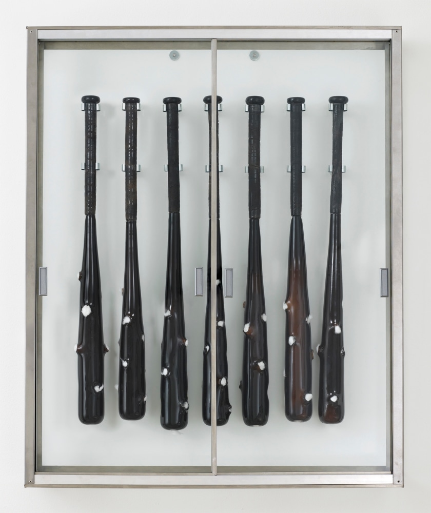 Nari Ward
Medicine Bats, 2011
Glass, cotton 44 x 36 x 6 inches (case)
7 bats, each part approximately: 32 x 3 x 3 inches
Courtesy of the Artist and Lehmann Maupin, New York and HongKong