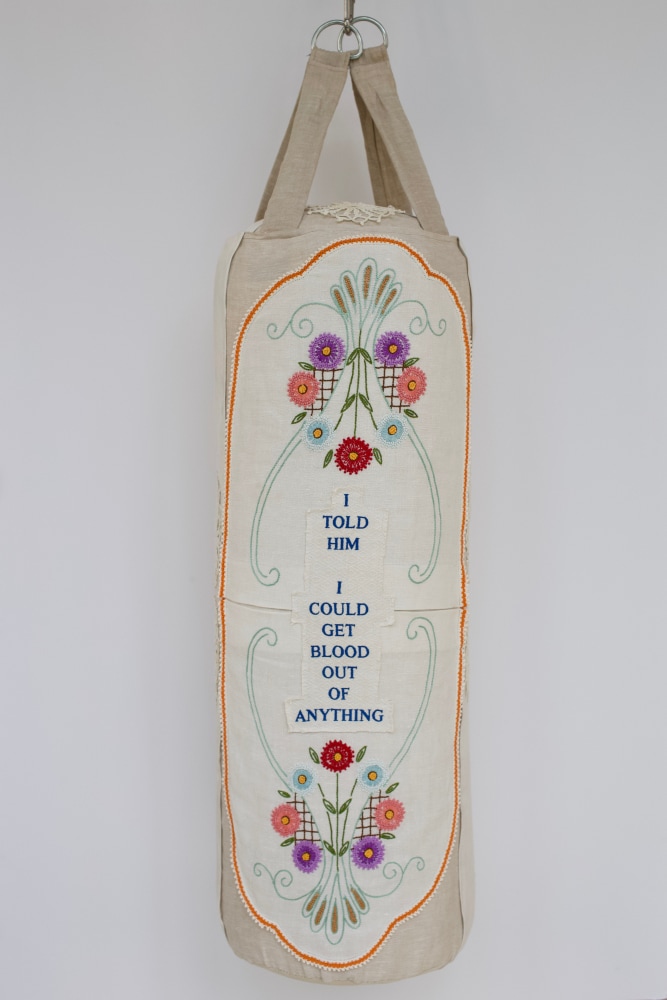 Heavy Bleach, 2019
Punching bag, embroidery on vintage linen tea towels, chain
46 x 13 x 13.5&amp;nbsp;inches