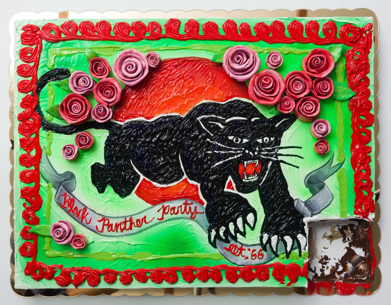 Chocolate Cake for the Black Panther Party, 2018
Heavy body acrylic, acrylic, airbrush, and ceramic cake roses on panel with gold mirror plex
20 x 26 x 3 inches