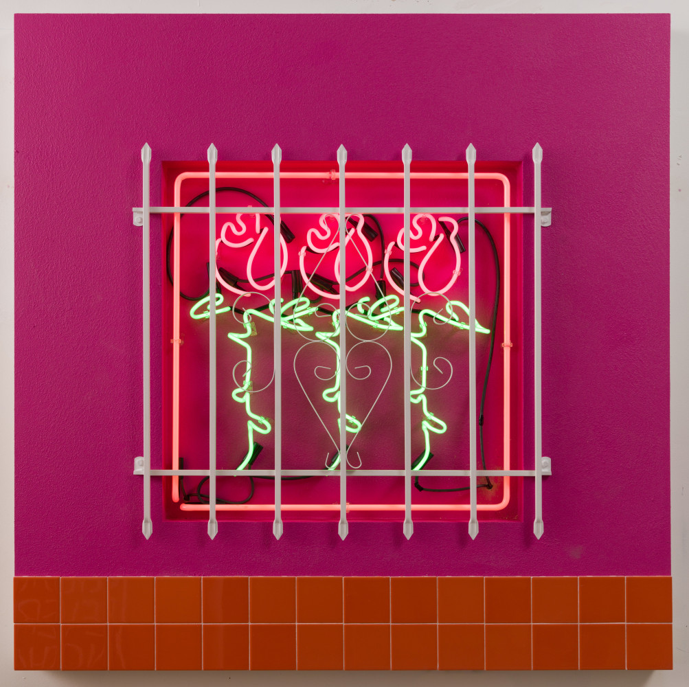Baby Let Me Take You Home (Day), 2018
Stucco, ceramic tile, latex house paint, neon, and window security bars on panel
60 x 60 x 3 inches
