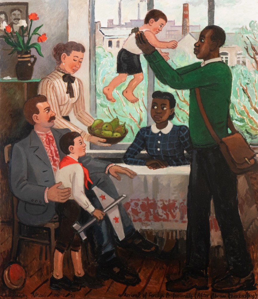 A painting depicting 6 figures meeting, with the focus on a man lifting up a child