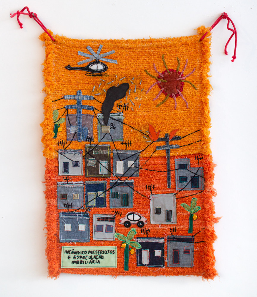 Randolpho Lamonier
Inc&amp;ecirc;ndios misteriosos e especula&amp;ccedil;&amp;atilde;o imobili&amp;aacute;ria (Mysterious fires and real estate speculation), 2021
Mixed media (Fabric, embroidery, leather and buttons on carpet)
47.5 x 18 inches