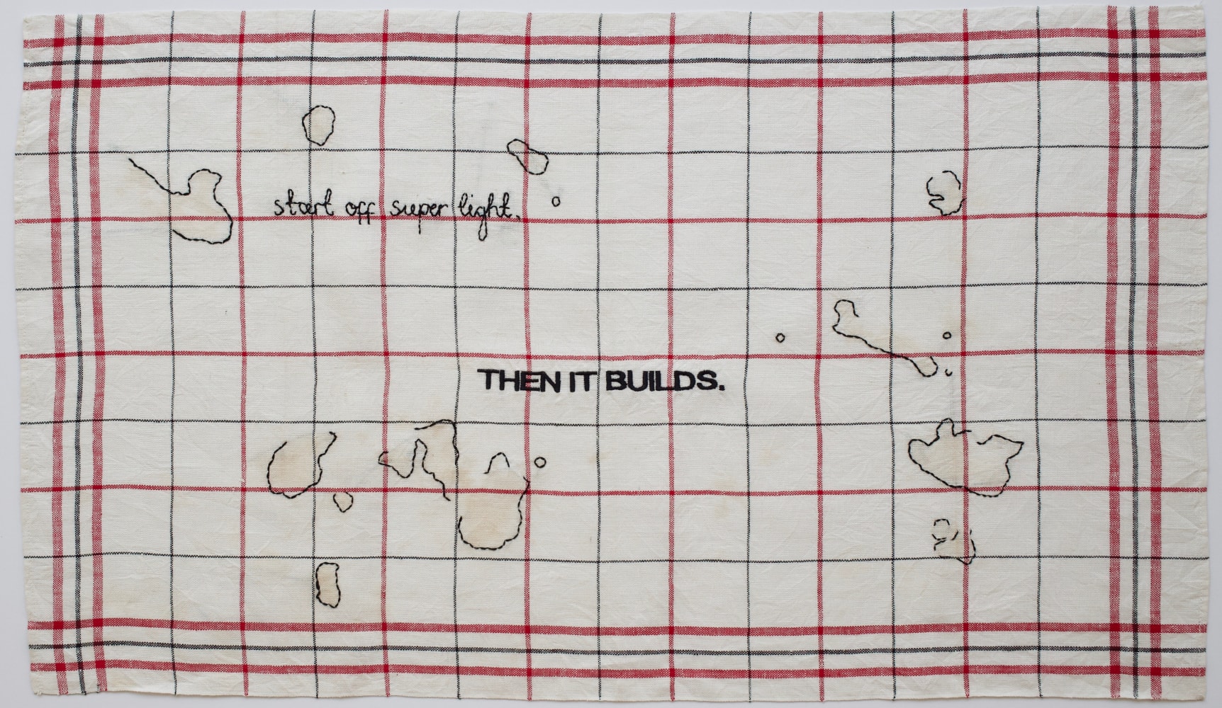 Then It Builds, 2018
Embroidery on vintage linen tea towel
17 x 29 inches
&amp;nbsp;