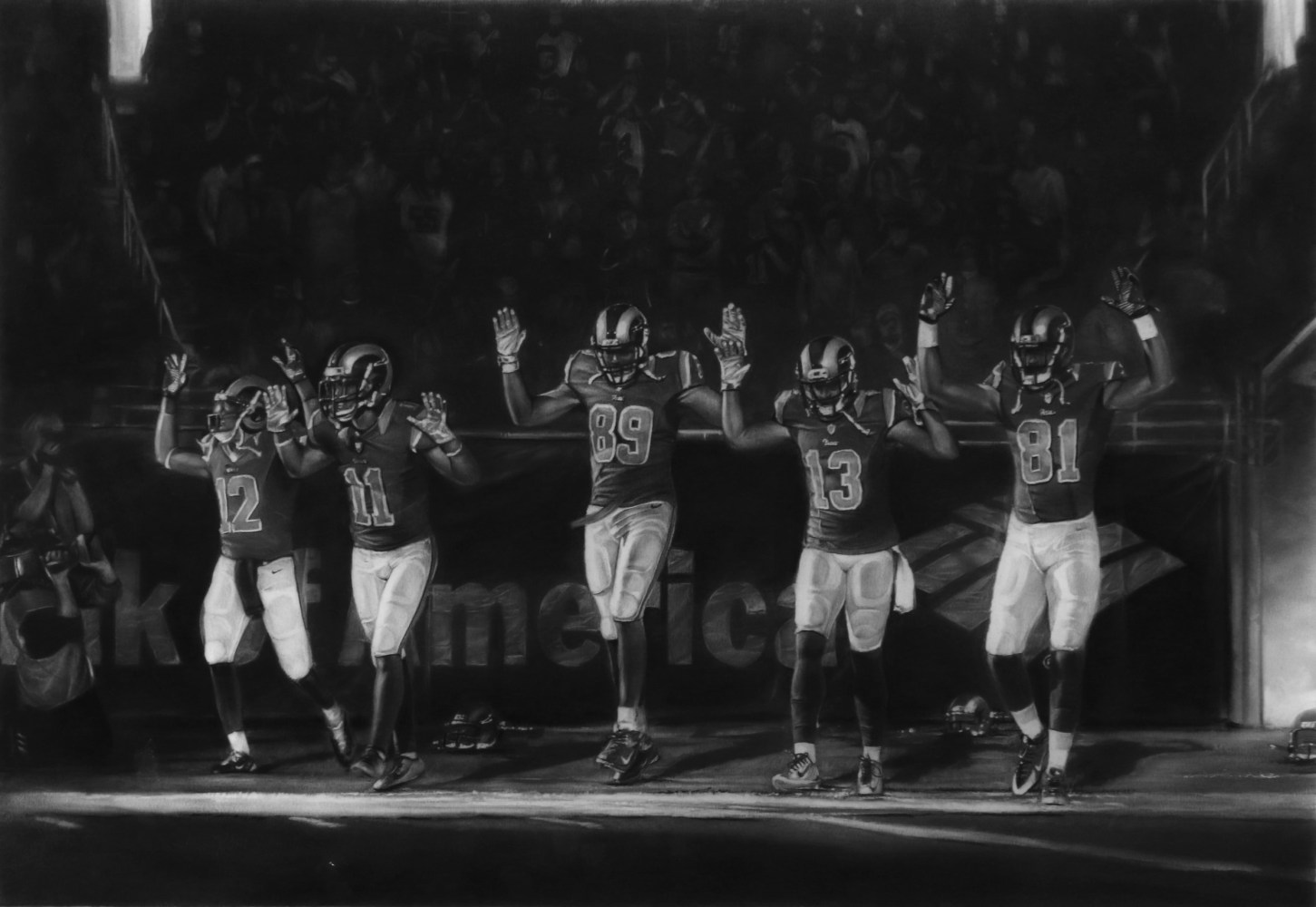 Robert Longo
Full-scale Study for Five Rams (Ferguson, Hands Up: November 30,2014), 2015
Charcoal on a Unique Digital Pigment Print in 3 parts
100 x 45 inches (left &amp;amp; right panels - image)
100 x 56 inches (center panel - image)
100 x 146 inches (overall - image)
100 x 150 inches (overall - paper)
Courtesy of the Artist and Metro Pictures, New York