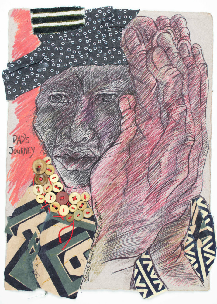 Aminah Brenda Lynn Robinson
Dad&amp;#39;s Journey
2003
15 x 11 in.
Pen, ink, colored pencil, fabric, thread and buttons, on paper