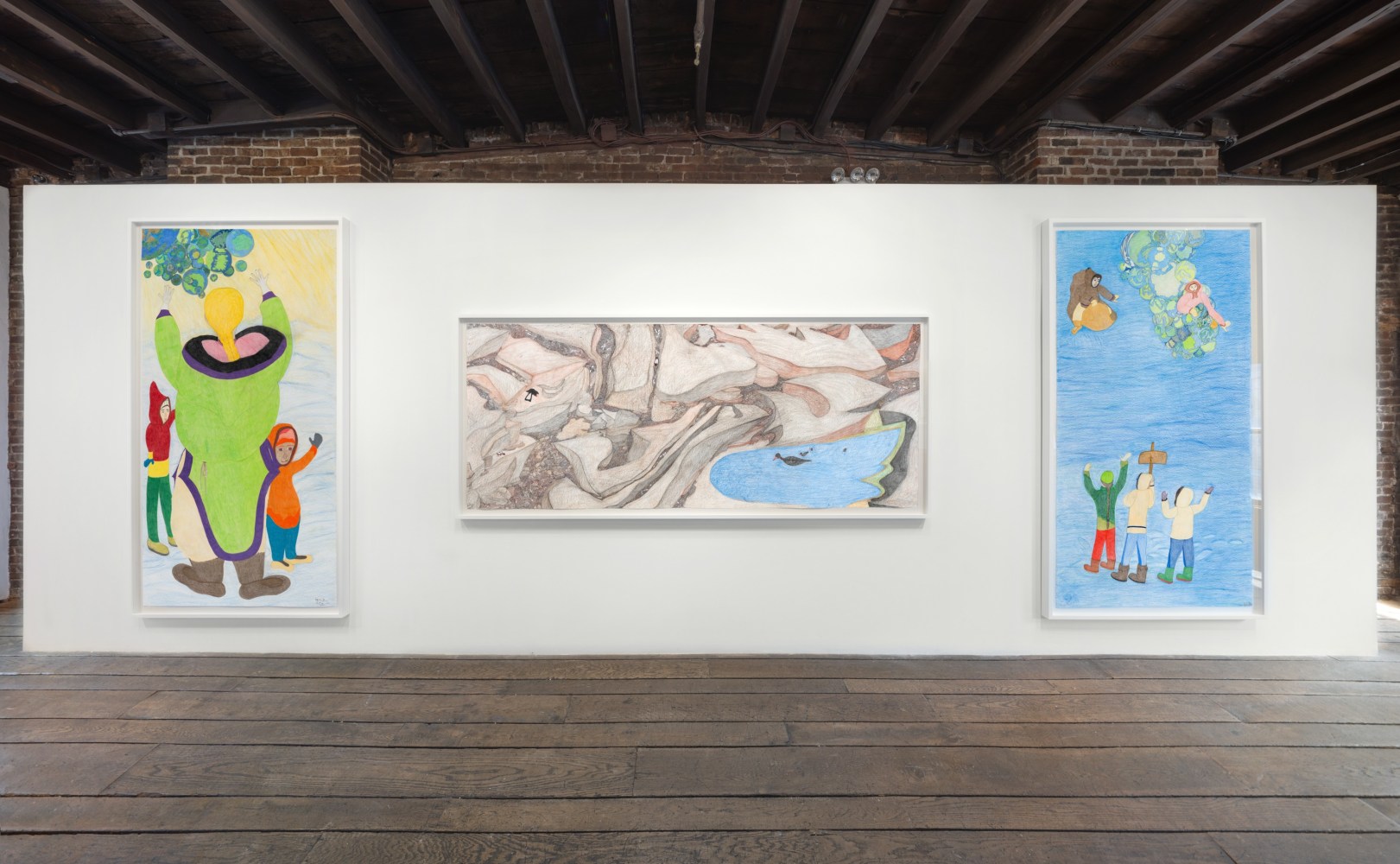 Installation view of Fort Gansevoort Shuvinai Ashoona &quot;Looking Out, Looking In&quot; exhibition with three works on the third floor