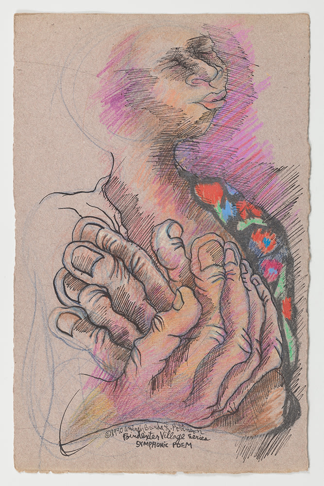 A vibrant pen, ink, colored pencil, and graphite drawing on paper that illustrates a figure posed with their hands towards their chest.