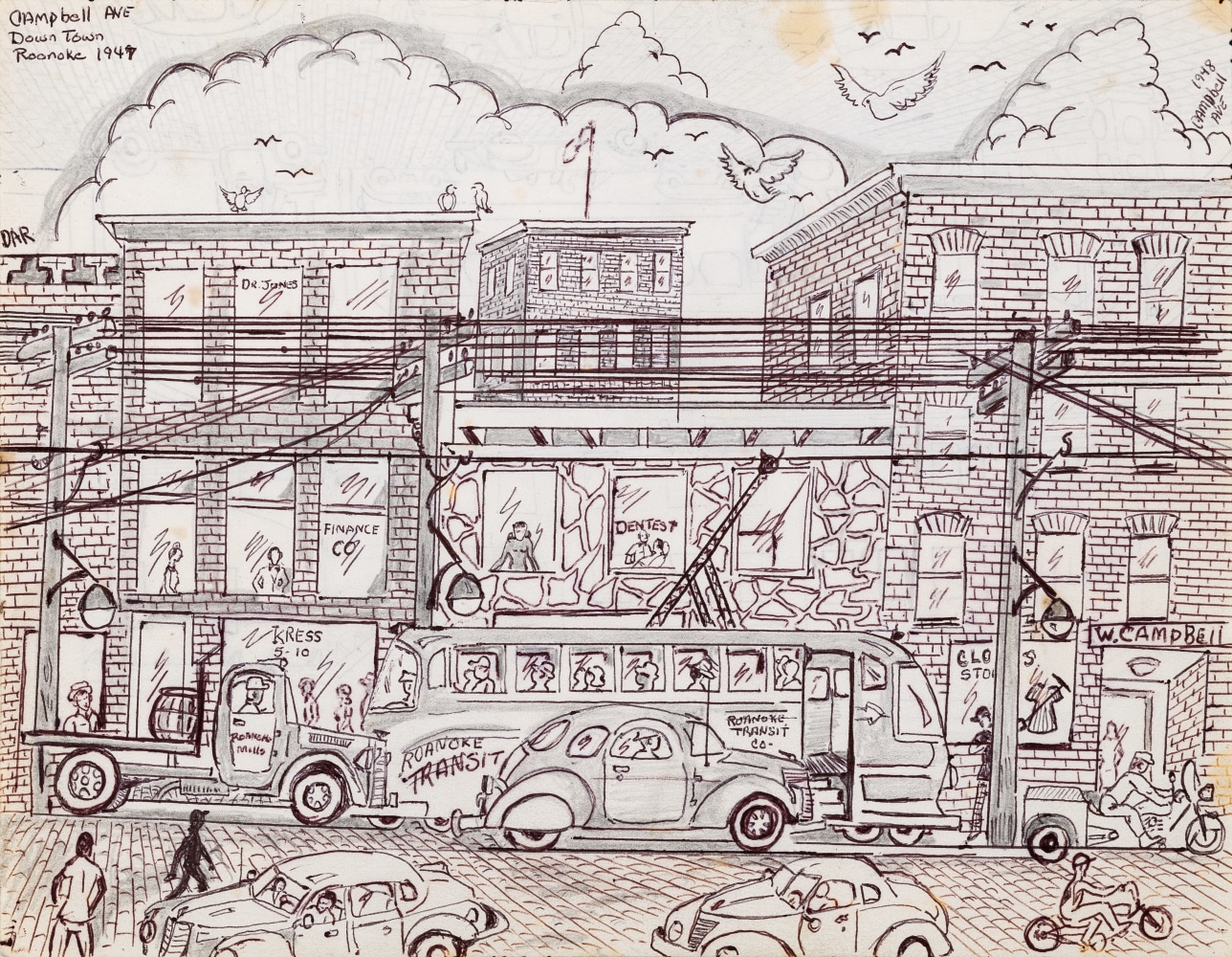 A graphite and ink drawing that displays a bustling street filled with brick buildings, cars, and people.