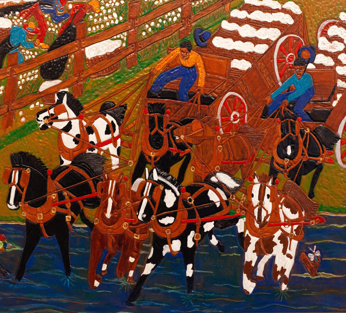 Winfred Rembert
Cotton Wagon Race, 2012
Acrylic paint on carved and tooled leather
28 x 31 in