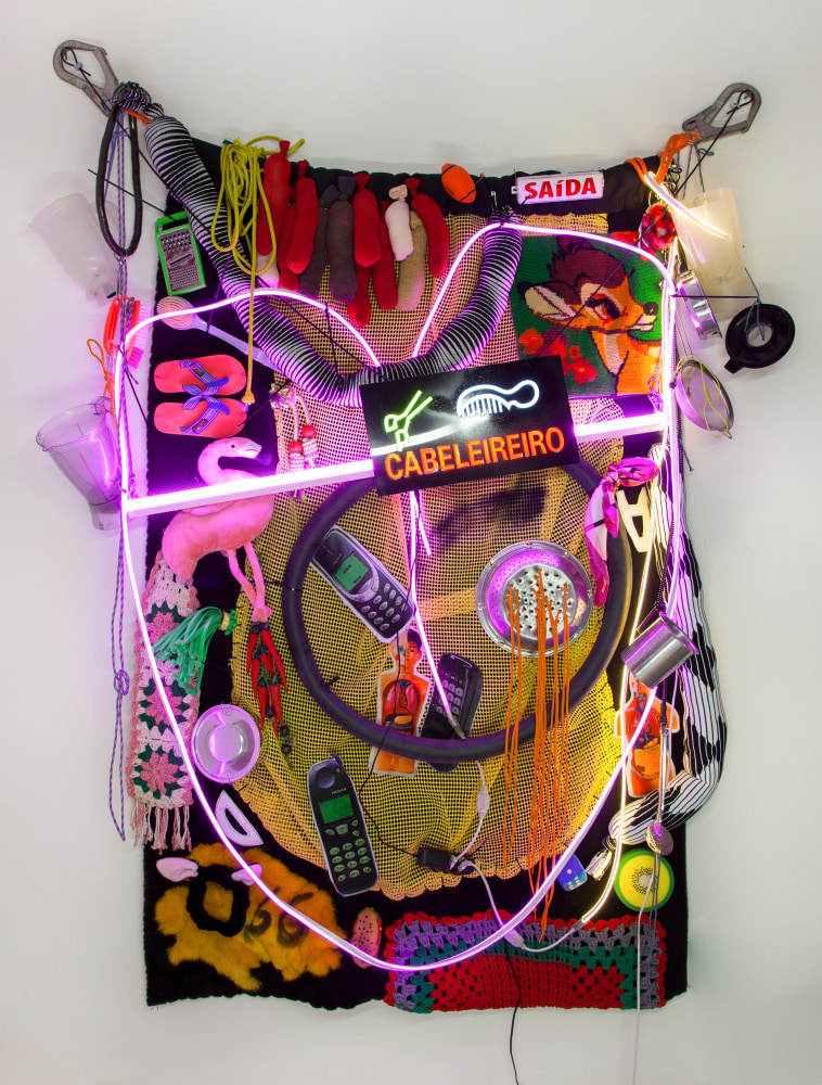 Randolpho Lamonier
My Kind of Dirty,&amp;nbsp;2021
Mixed media (Ropes, various objects, painting, crochet, luminous sign, neon led, and photographic print on fabric)
85 &amp;times; 63 inches