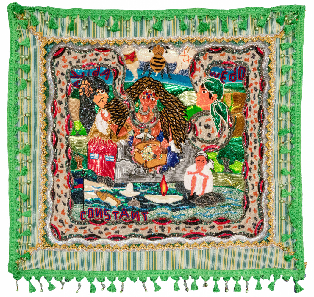 Textile piece of a person praying to gods