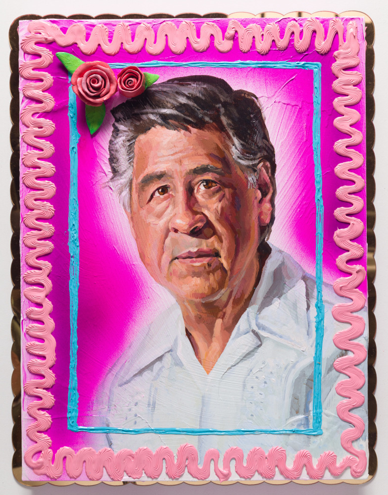 Cesar Chavez Cake, 2018
Heavy body acrylic, acrylic, airbrush, and ceramic cake roses on panel with gold mirror plex
26 x 20 x 3 inches