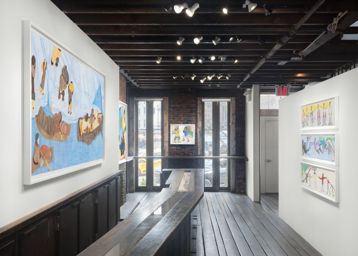 Installation view of Shuvinai Ashoona's &quot;Looking Out, Looking In&quot; exhibition of four works done in colored pencil and ink on paper.