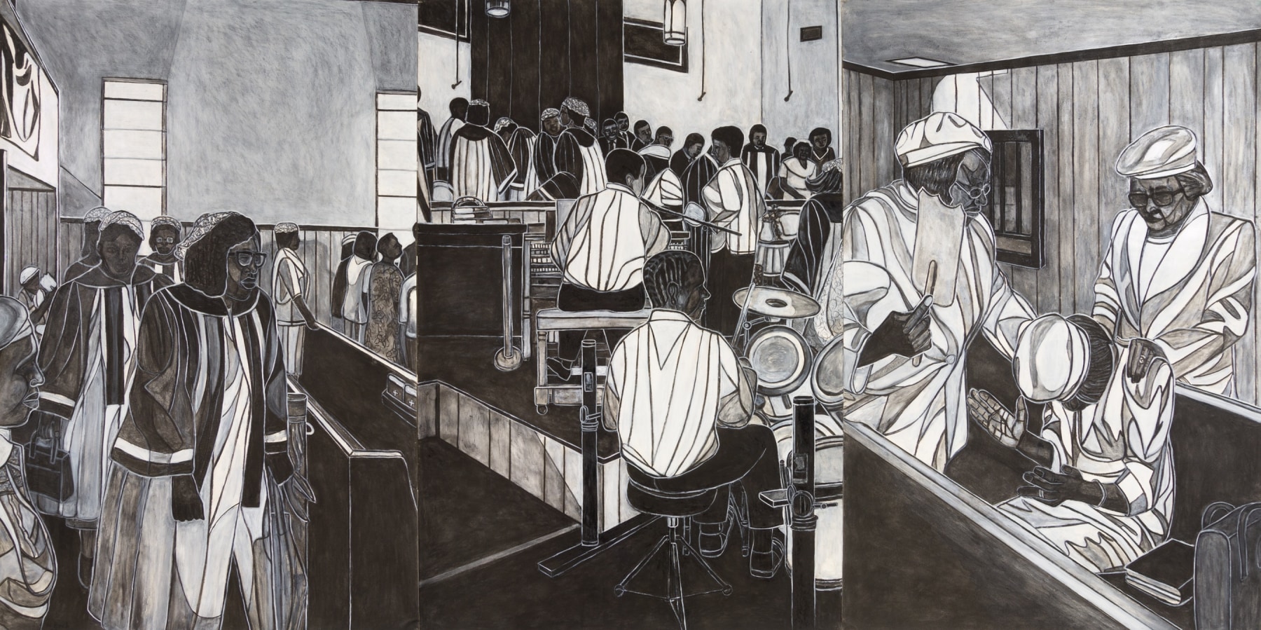 Willie Birch
Sunday Morning, 2004
Acrylic and charcoal on paper
72 x 144 inches&amp;nbsp;