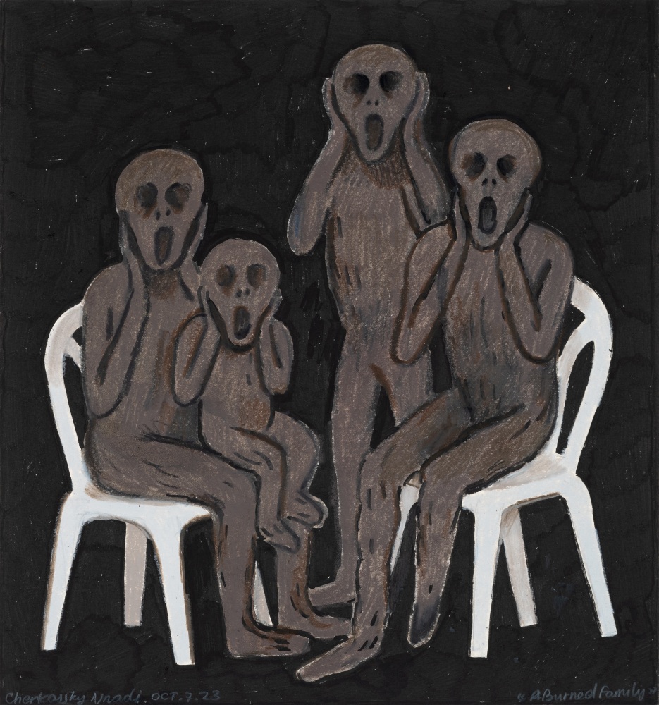 A Burned Family, 2023
Watercolor, marker, colored pencil, and wax crayon paper
11.5 x 10.5 inches