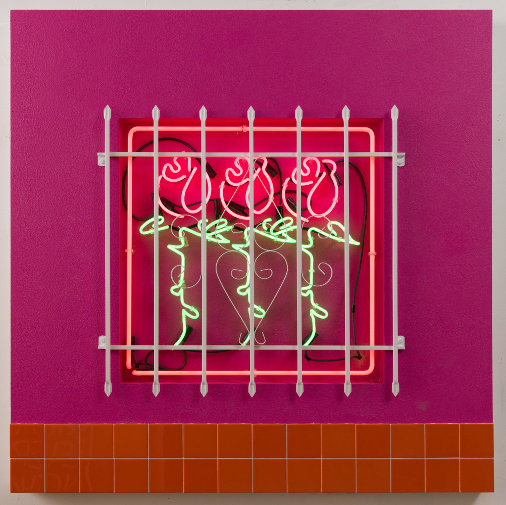 Baby Let Me Take You Home (Day), 2018
Stucco, ceramic tile, latex house paint, neon, and window security bars on panel
60 x 60 x 3 inches
