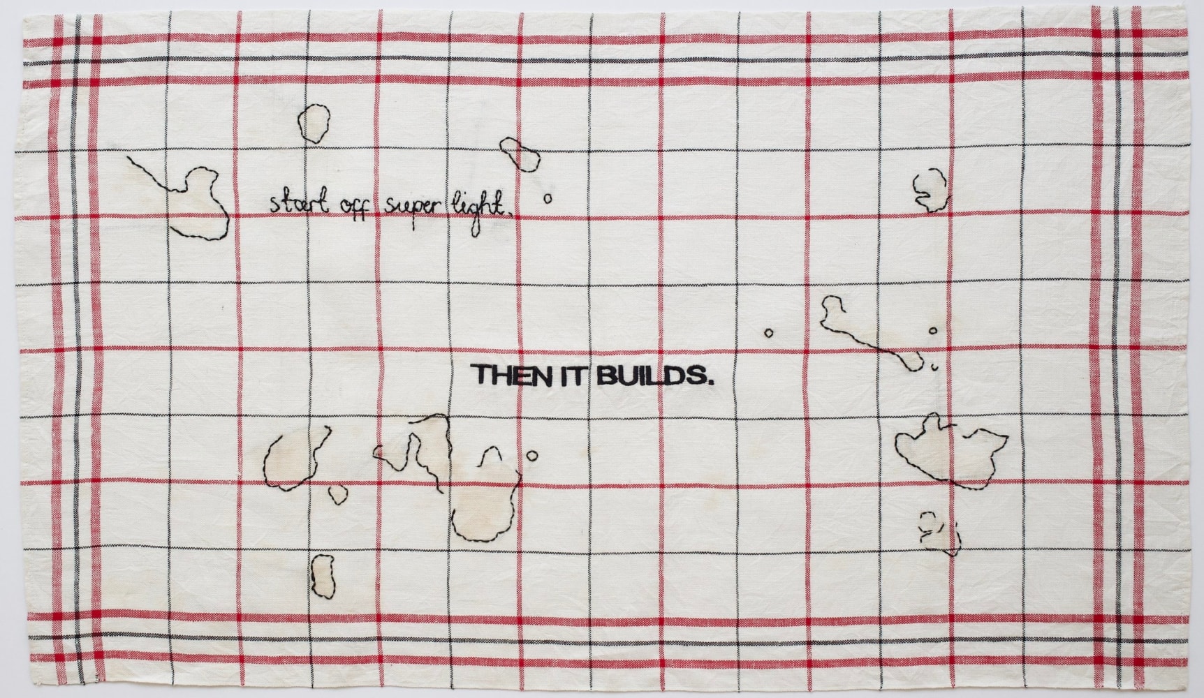 Then It Builds, 2018
Embroidery on vintage linen tea towel
17 x 29 inches