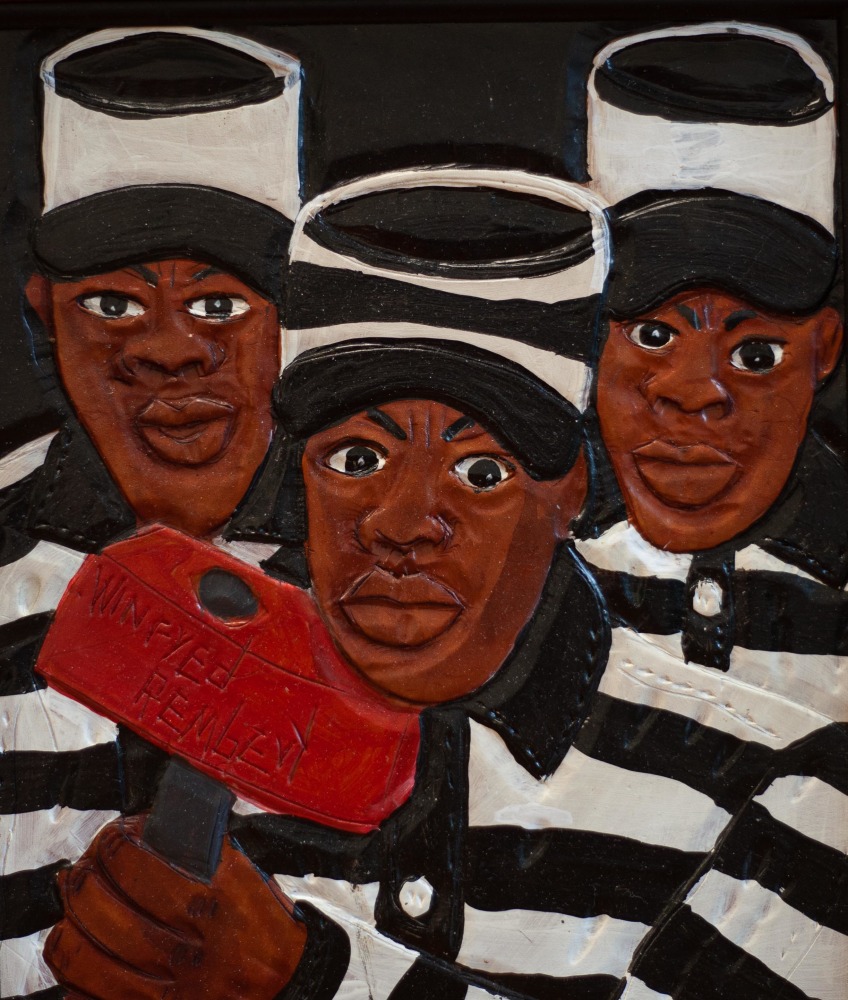 Angry Inmates,&amp;nbsp;2007
Acrylic paint on carved and tooled leather
10.5 x 9.5 inches
