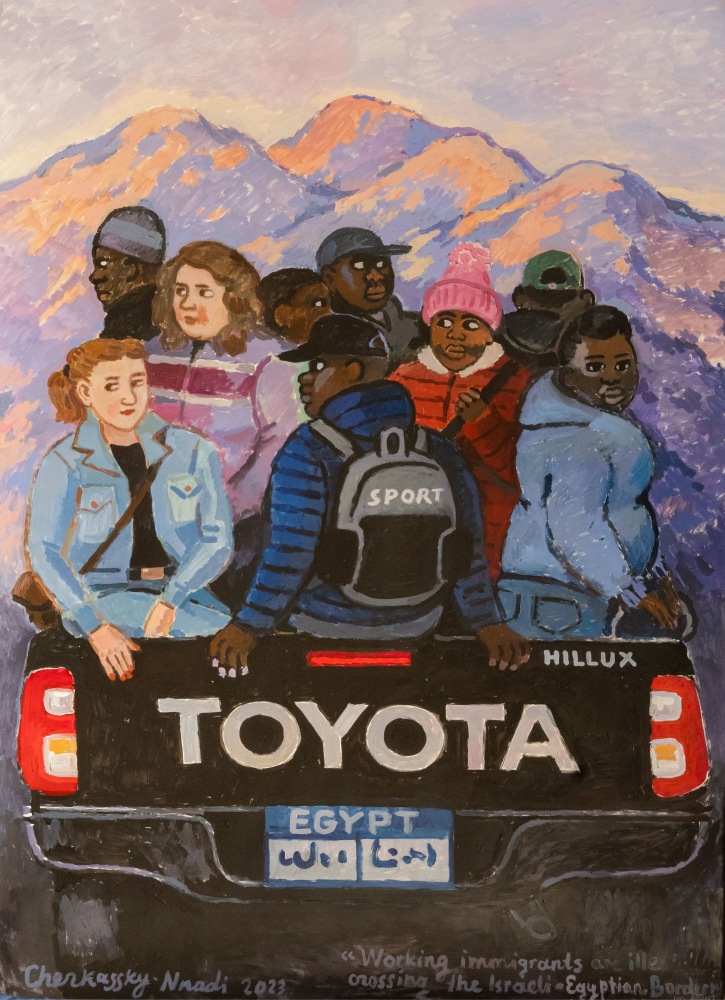 A painting of a group of kids in a truck on the way to mountains in the background