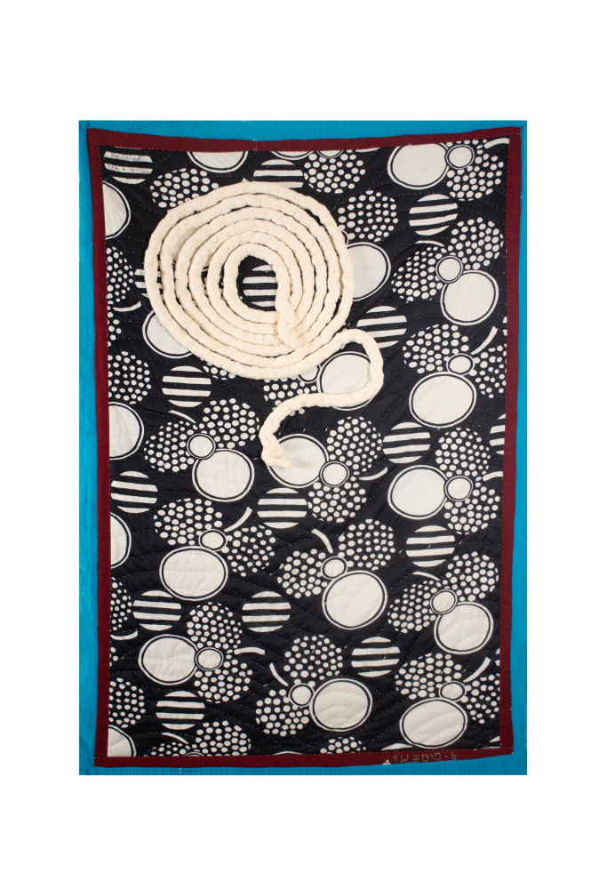 Black and white patterned quilt made of assorted fabrics with a rope and a blue and red border