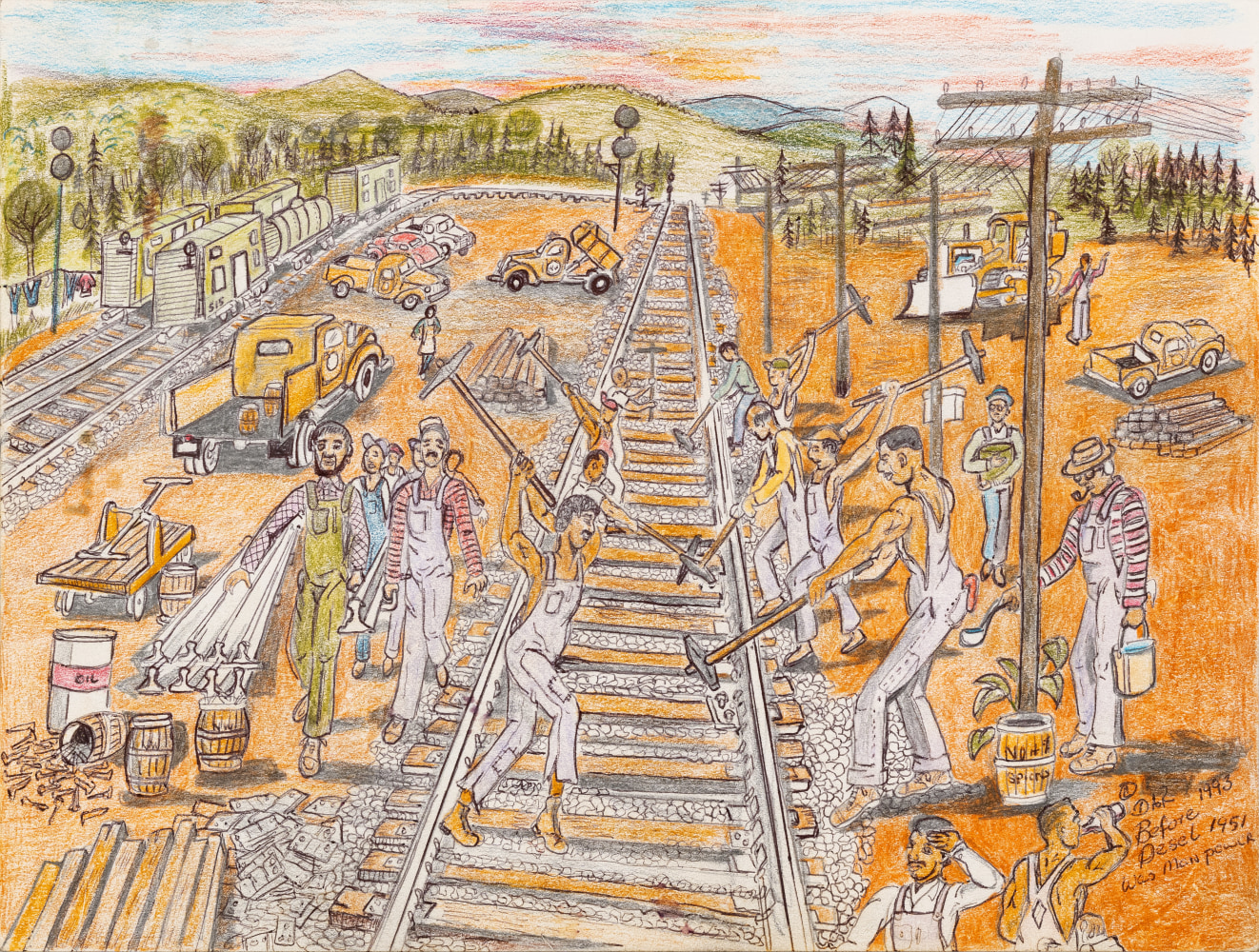 An ink graphite, and colored pencil drawing that displays individuals constructing a railroad outdoors.