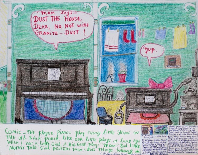 Gayleen Aiken
Comic - The player - pianos play funny little shows on the old back porch&amp;hellip;, 1997
Colored pencil, ballpoint pen, and crayon on paper
11 x 14 inches