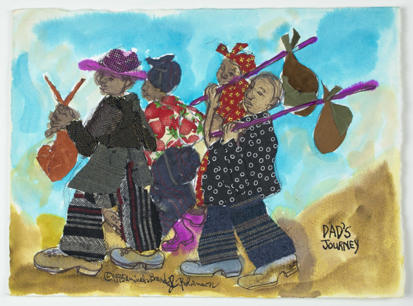 A piece made out of watercolor, graphite, pen, ink, and fabric on watercolor paper that illustrates 4 figures wearing patterned clothing while carrying bindles.