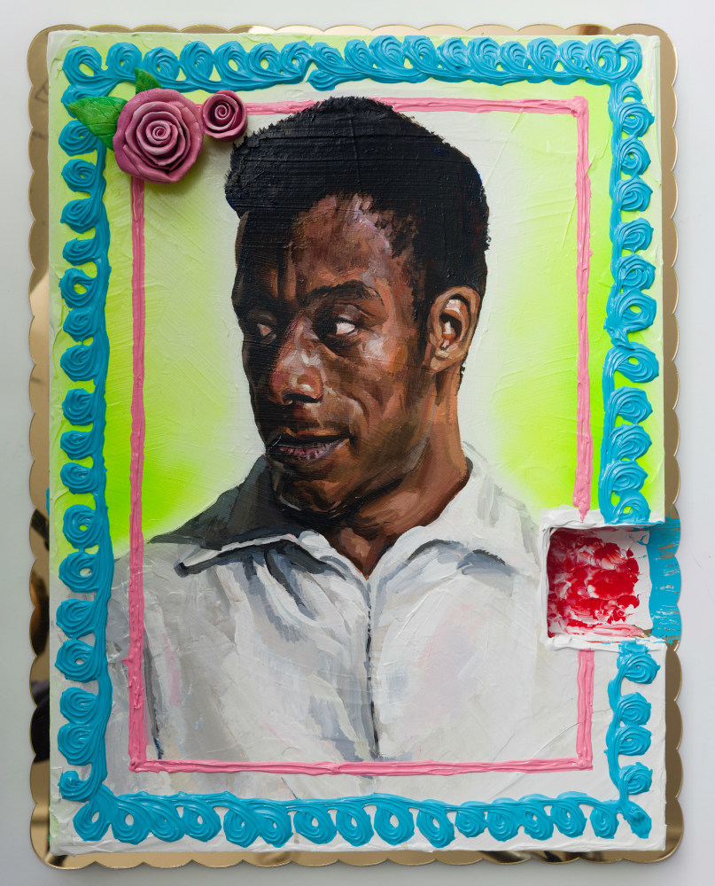 A Red Velvet Cake For A Native Son (James Baldwin), 2018
Heavy body acrylic, acrylic, airbrush, and ceramic cake roses on panel with gold mirror plex
26 x 20 x 3 inches