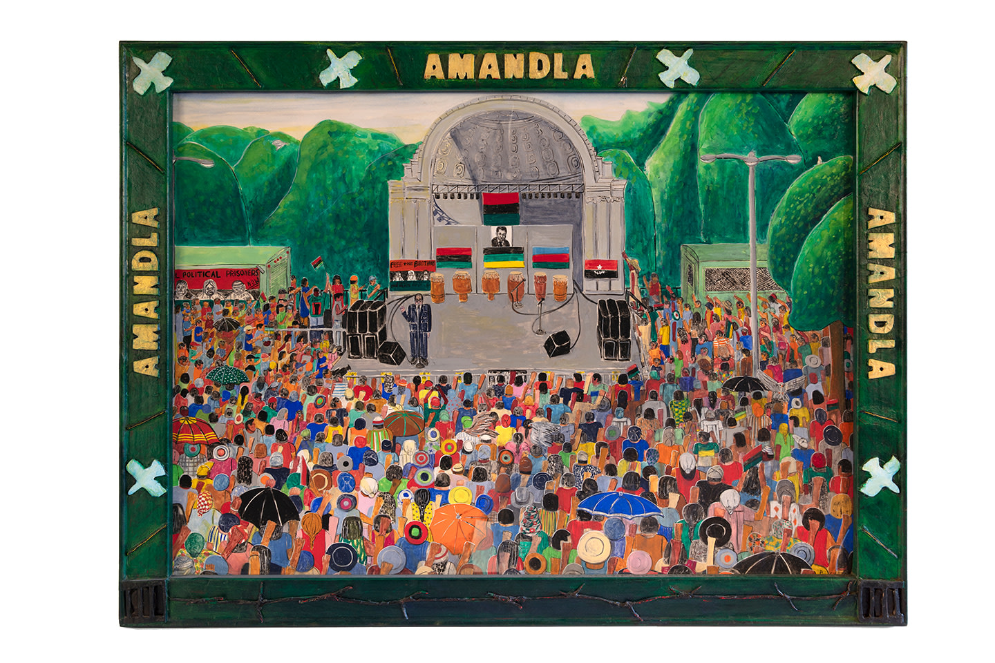 Birthday Celebration for Nelson Mandela, 1988&amp;nbsp;
Pencil graphite and gouache on paper with acrylic painted paper mache frame&amp;nbsp;
42.5 x 56.5 x 1.75 inches

&amp;nbsp;