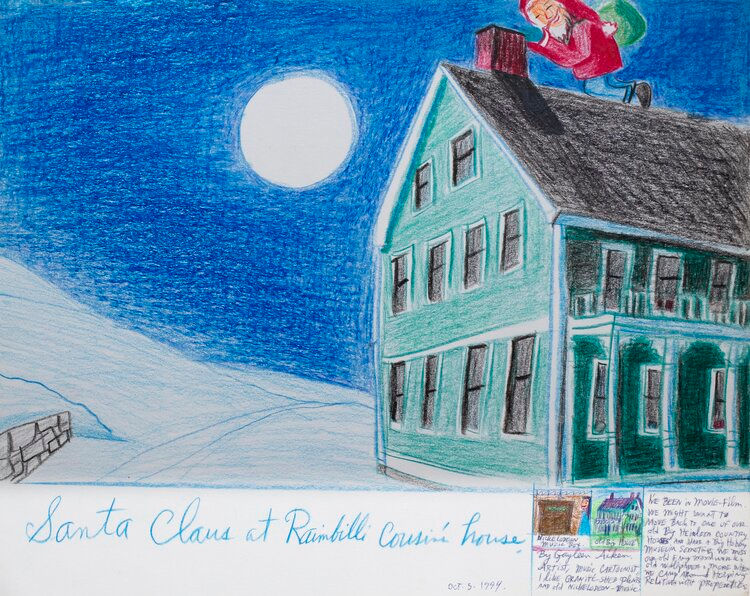 Gayleen Aiken
Santa Claus at Raimbilli Cousin&amp;#39;s house, 1994
Colored pencil, ballpoint pen, and crayon on paper
11 x 14 inches
