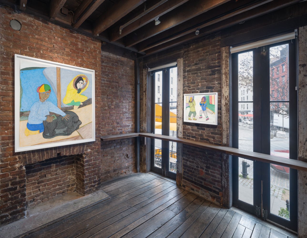 Installation view Shuvinai Ashoona &quot;Looking Out, Looking In&quot; exhibition, showing two works of art done in colored pencil and ink on paper.