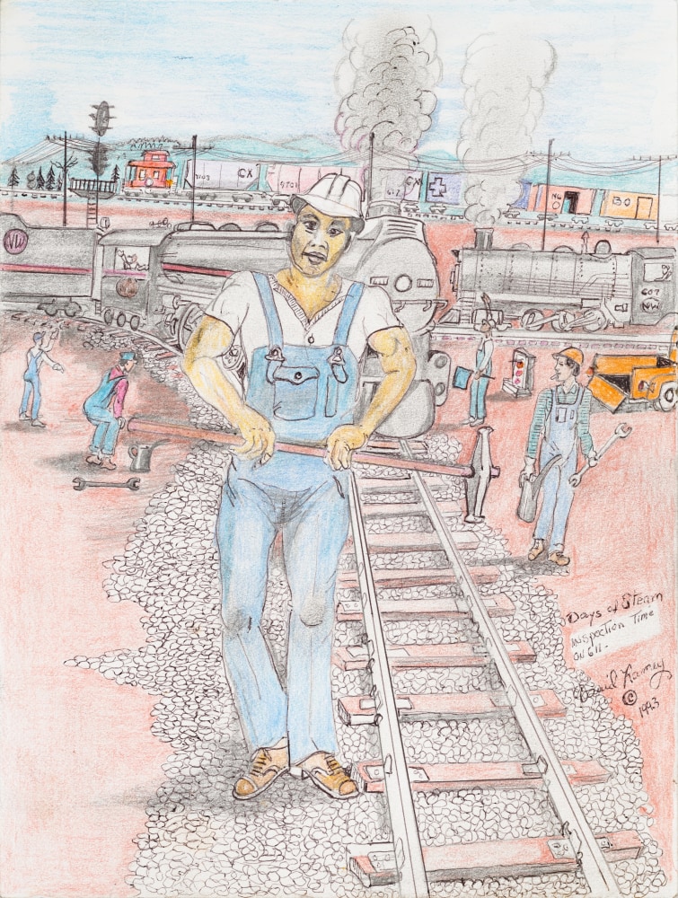 An ink graphite and colored pencil drawing on paper that displays workers wearing blue overalls while constructing a railroad.