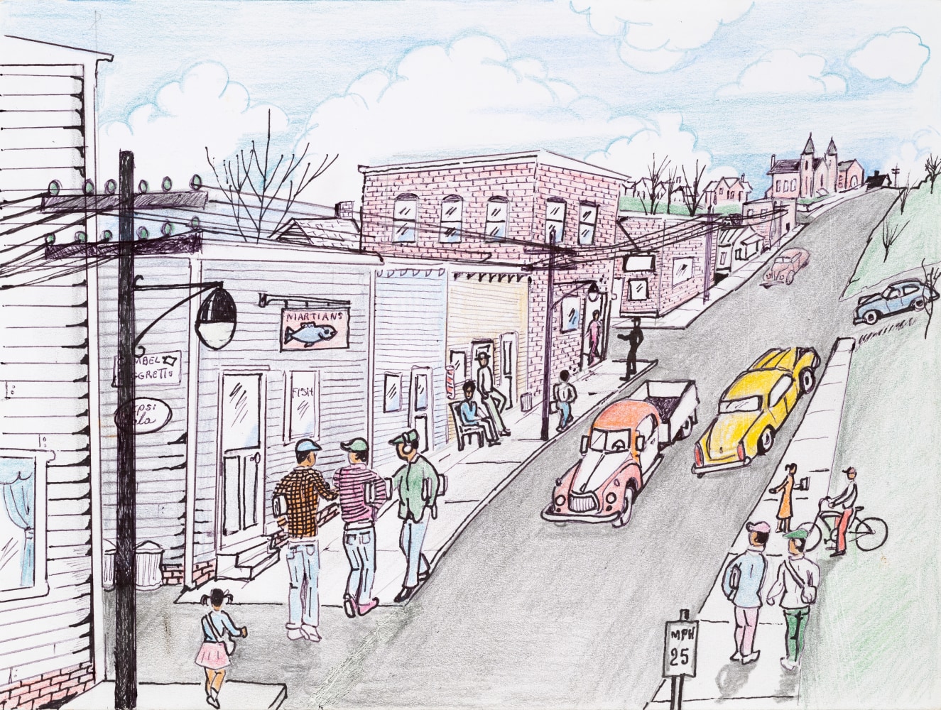 An ink graphite and colored pencil drawing that shows individuals on a busy suburban street