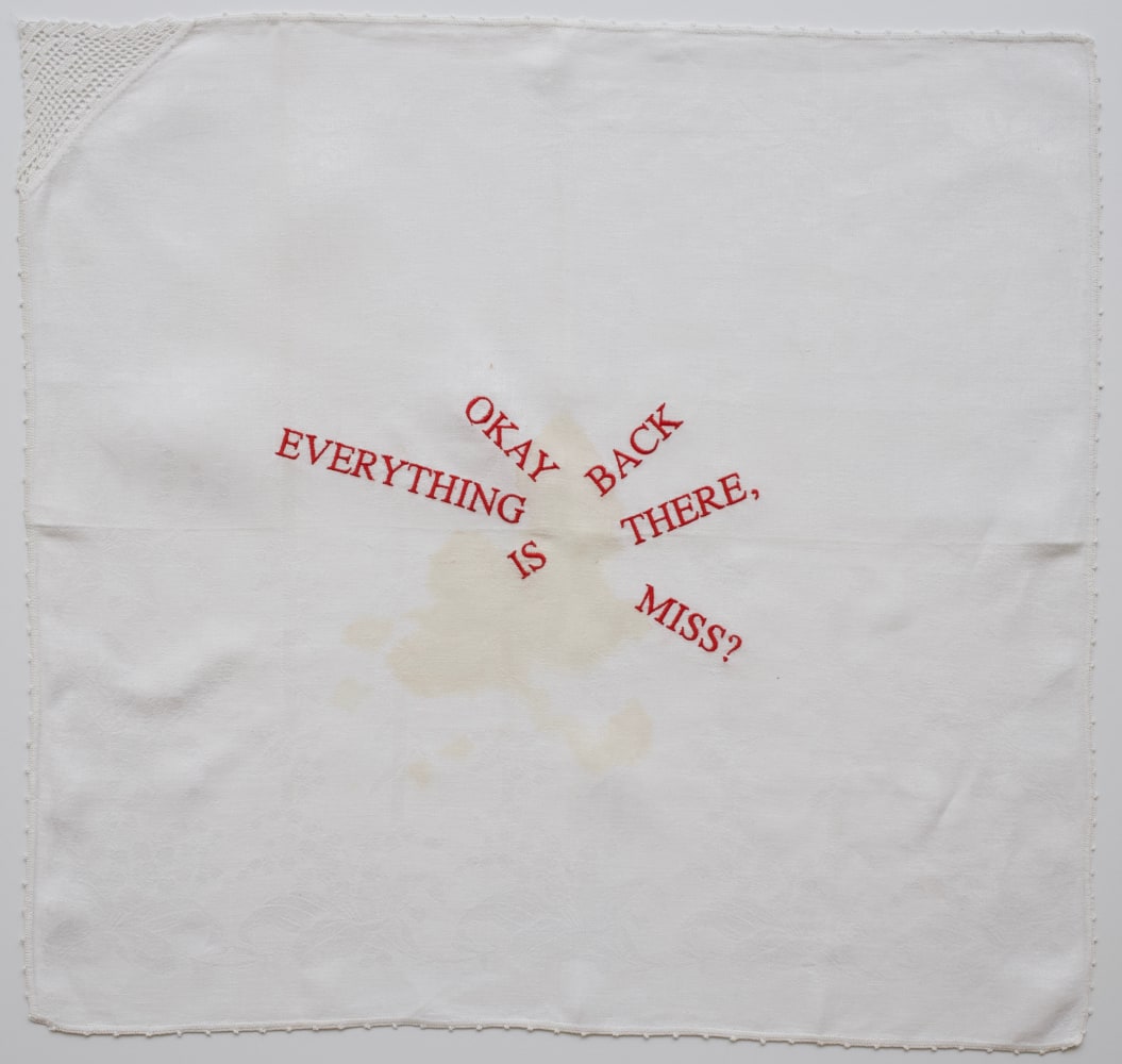 Spill, 2018
Embroidery on vintage linen tea towel
22 x 21 inches
&amp;nbsp;